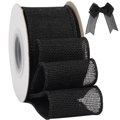 Tekdeere Burlap Ribbon 2 Inch x 10 Yard, Black Wired Ribbon for Crafts, Gift Wrapping, Wreaths, Bows, Tree Decoration and Outdoor Decoration