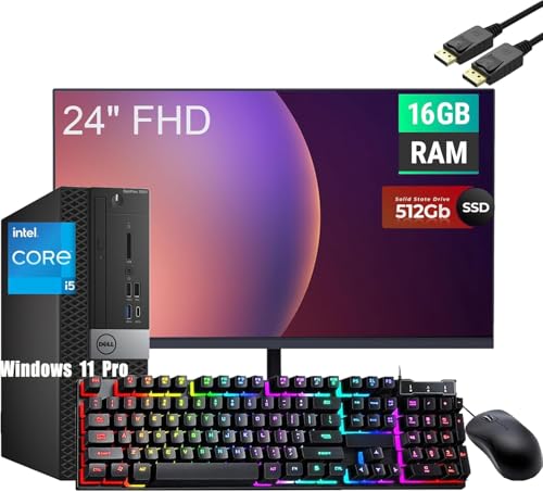Dell Optiplex 7050 SFF PC de computadora con Monitor FHD de 24 Pulgadas (1920 x 1080), Intel Core i5-6500 de 4 núcleos 3.20GHz 16GB DDR4 RAM, 512GB SSD WiFi, BT, Windows 11 Pro (reacondicionado)