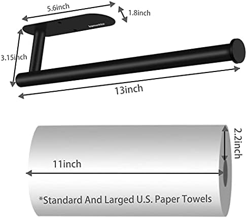 Vamotto Paper Towel Holder, Self Adhesive or Screw Mounted Under Cabinet Paper Towel Holder for Kitchen, Vertically or Horizontally,SUS304 Stainless Steel Paper Towel Rack Under Cabinet (Black)
