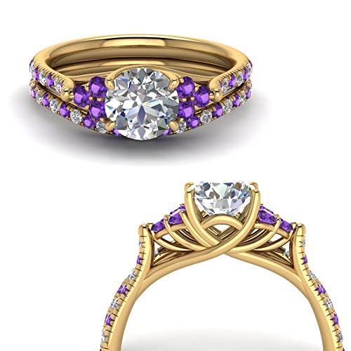 Image of Choose Your Gemstone Round Cut Petite Cathedral Wedding Ring Set Yellow Gold Plated Round Shape Wedding Ring Sets Matching Jewelry Wedding Jewelry Easy to Wear Gifts US Size 4 to 12
