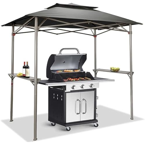 Crown Shades 8x5 Grill Gazebo - Pop Up Canopy for BBQ and Backyard Patio - Easy Outdoor Barbecue Shade Cover with Double Tier Vented Top & 2 Side Shelves (Grey)