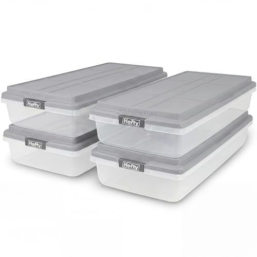 Hefty 63 Qt Hi-Rise Storage Bin with Lid Stackable Plastic Storage Container Organizer for Home Garage & Closet 4 Pack Gray