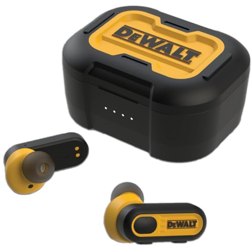 DEWALT Auriculares True Wireless – Bluetooth con Estuche Tipo C, más de 37h batería, configuración rápida iPhone, Resistentes para Trabajo y Exterior – Amarillo