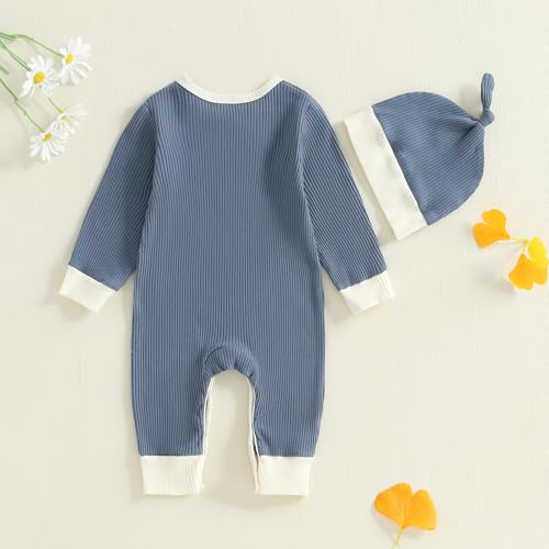 fhutpw Newborn Baby Boy Clothes Ribbed Knit Bodysuit 3 6 Months Infant Fall Long Sleeve Splicing Color Romper Jumpsuit & Hat3