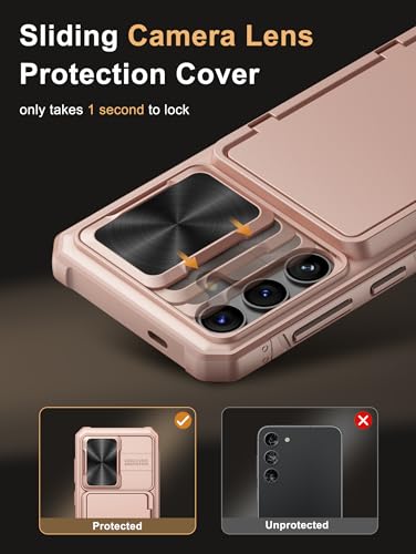 Image of Vihibii PC For Samsung Galaxy S24 Back Cover With Slide Camera Cover & Card Holder (4 Cards) & Kickstand, Hard Case For Galaxy S24 6.2 inch 2024, Rose Gold