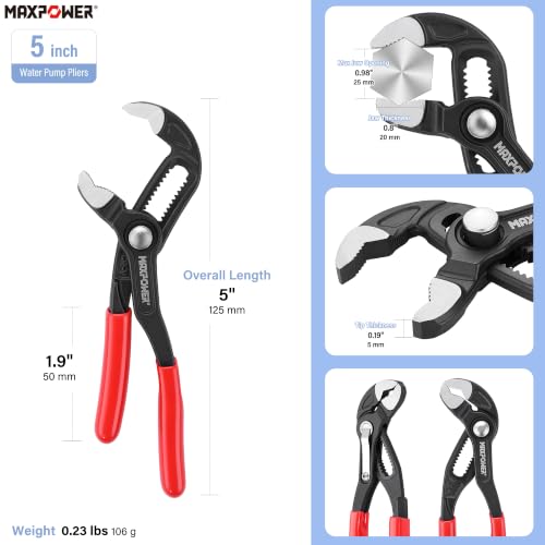 Image of MAXPOWER 5-Inch Tongue-and-Groove Pliers, 0.98 inch Jaw Opens V Jaw Mini Pliers | Quick Release Push Button Adjustable Pliers, Serrated Teeth, Comfortable Grips