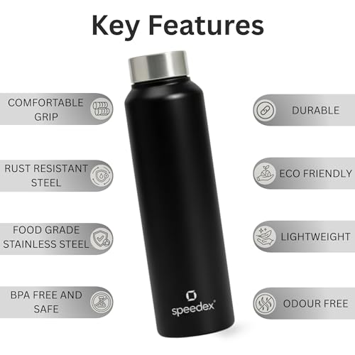 Image of Speedex Stainless Steel Water Bottle 1 Ltr, Leak Proof Screw Cap, BIS Approved 1000 ml Metal Bottle For Daily, Office, School, Gym, Travel Use for Men, Women, Kids, Adults, Black, Set of 1