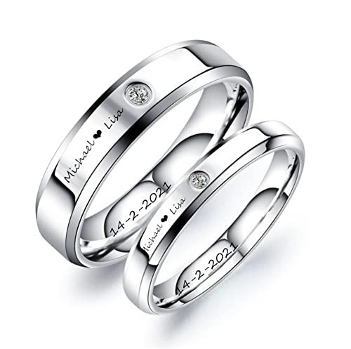 Zkxxj Custom Couple Rings For Him Her,Stainless Steel Nameplates Date Coordinate Engraved Promise Ring Personalized Cz Diamond Wedding Band For Valentine's Day Gift #TOP19