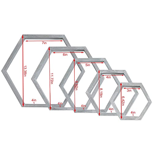 Phoenancee Hexagon Floating Shelves,Wall Mounted Wood Farmhouse Storage Honeycomb Wall Shelf Set Of 5,For Bathroom, Kitchen, Bedroom, Living Room,Office,Driftwood Finish (Vintage Grey) #TOP2