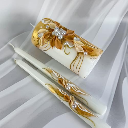 Unity Candle Set for Wedding Ceremony & Reception – 6” Pillar & Two 10” Taper Candles – Long Burning Unity Candles for Marriage Ritual – Handmade in USA – White | Gold