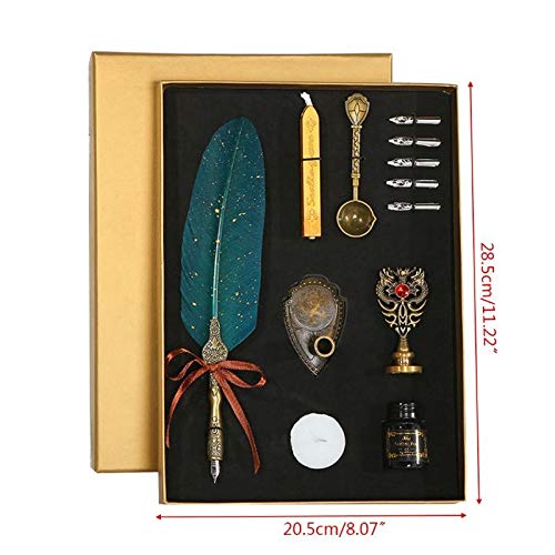 Sprinkle Gold Luxury Retro Feather Pen Dip Calligraphy Calligraphy Pen Writing Ink 5 Nib Set Stationery Gift Box (Color : Green) #TOP4