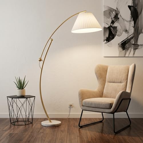 Image of Arc Floor Lamp 3-Color CCT (Warm + Natural + Cold White) | Gold Metal Body | Marble Base | Fabric Shade | Living Room Bedroom Standing Lamp