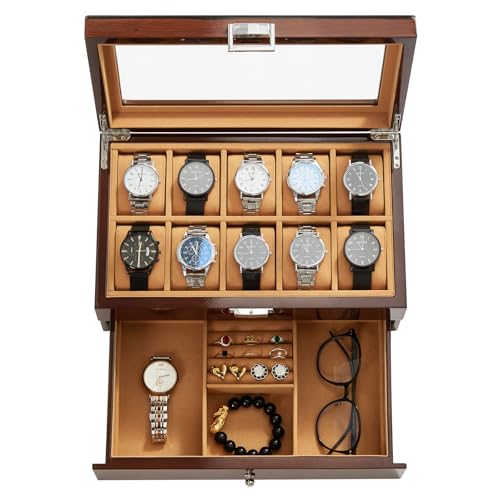 Homruilink 10-Slot Wooden Watch Box, Wood Watch Case with Drawer, Watch Display Box with Glass Lid, 2-Layer Watch Holder for Jewelry and Watch Storage for Men Women, Father's Day Gifts