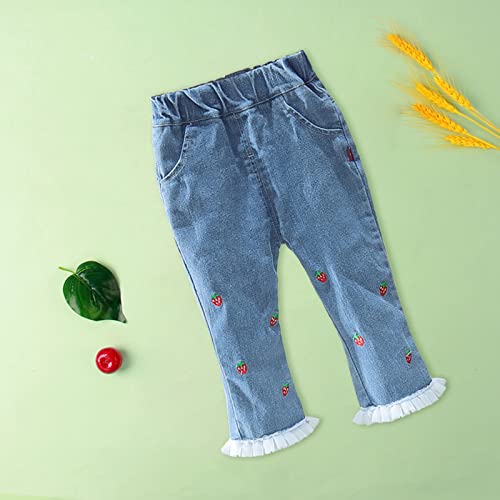 Kids Baby Girls Strawberry Embroidery Jeans Toddler Elastic Waist Denim Pants Casual Trousers with Pockets (Blue, 3-9 Months)3