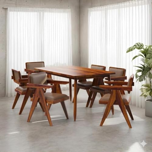 Image of Wooden Dining Table Set with 6 Chairs, Natural Oak, Rectangular, Modern Style, Back Chairs with Cushions (Table (150 cm x 90 cm,with Back Cushion Valvet)