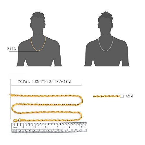 Stainless Steel 4mm Twist Rope Chain Necklace, 22\" Inches-28\" Inches (Silver 24\" Inches)