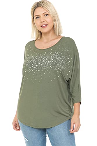 LEEBE Plus U Studded 3/4 Sleeve Swing Top (1X-5X) (3X, 3/4 Olive)