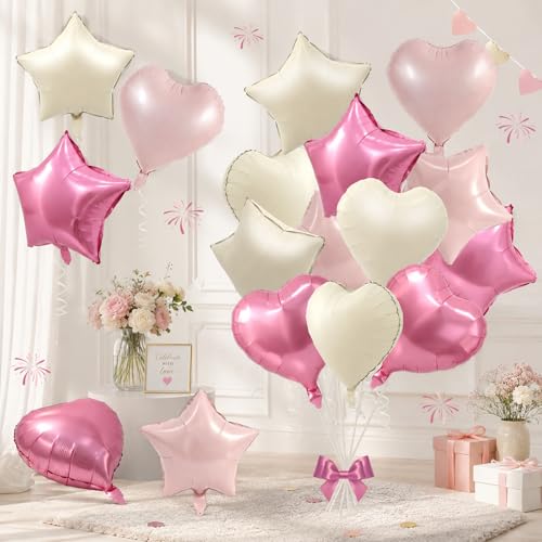 TONIFUL 18 Inch Cream Pink Star and Heart Foil Balloons, 18PCS Cream White & Pink Helium Mylar Birthday Balloons Birthday Wedding Bridal Shower Anniversary Engagement Party Decorations Supplies