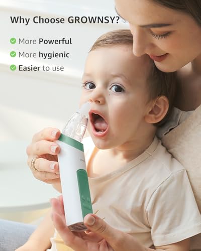 Image of GROWNSY Nasal Aspirator for Baby, Electric Nose Aspirator for Toddler, Baby Nose Sucker, Automatic Nose Cleaner with 3 Silicone Tips, Adjustable Suctions, Music and Light Soothing Function (Green)