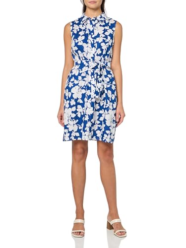 Image of Tommy Hilfiger Womens Sleeveless Collared Button Front Tie Waist Mini Shirt Dress, Marina Blue/Bright White Combo, 10