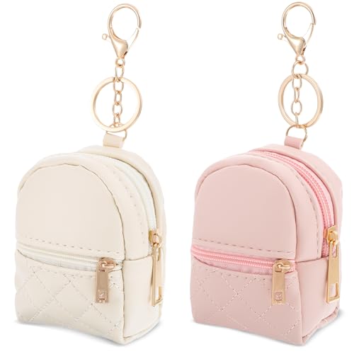 2Pcs Mini Backpack Cute Cosmetic Bag for Women Creative Pendant Keychain Key-chains Keyrings PU Leather Makeup Bag Key Pocket Lipstick Bag Card Holder Data Cable Organizer Zipper Pouch for Women Girl