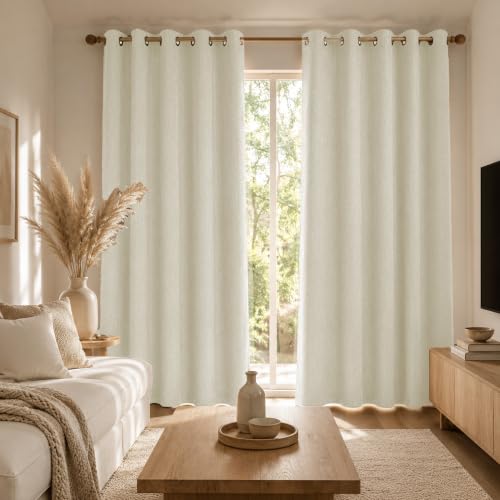 Image of LINENWALAS 100% Blackout Curtains for Door (7.5 Feet) - Set of 2 Panels, Herringbone Linen Texture Complete Light Block, Thermal Insulated & Noise Reducing Room Darkening Drapes (Pearl White)