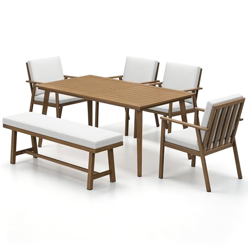 SEEHILL 6-Piece Outdoor Dining Set, Aluminum Outdoor Table and Chairs Set with 4 Dining Chairs & Backless Bench, Weather-Resistant Bench Dining Table Set with Removable Cushions for Garden, Deck, Teak