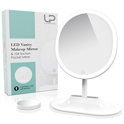 LivingPro Vanity Makeup Mirror with [Upgraded] Anti-Glare LED Lighting Controlled by Dimmable Touch Screen Sensor with Bonus Detachable 10X Spot Mirror for Details