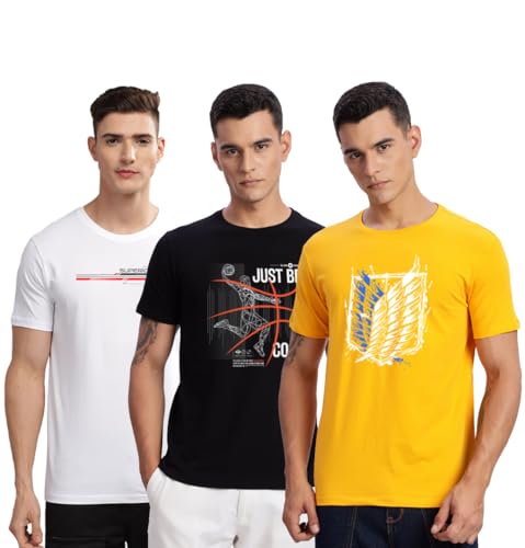Image of ADRO 100% Cotton Lycra Tshirts for Men Combo Pack of 3 | Regular Fit | Printed T Shirt | Round Neck Half Sleeve| Mens Tshirts