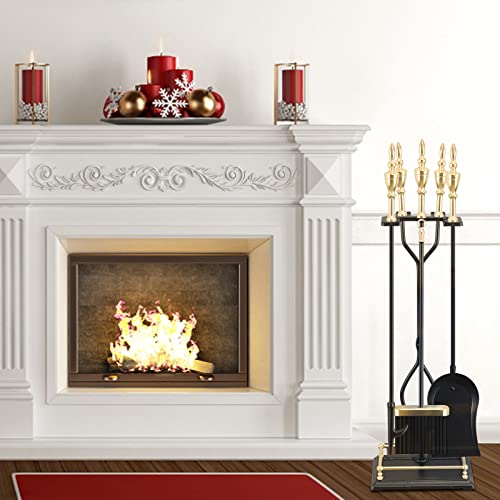 image for Gtongoko 5 Pieces Fireplace Tools Sets Gold Handles Wrought Iron Set a