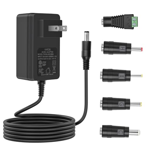 VHFZK 24V 1.5A 1A 0.5A Power Adapter 100V-240V 24 Volt Power Supply Cord DC to AC with 5 Selectable Plugs, DC24V Transformer for LED Strip Light, CCTV Camera, Essential Oil Diffuser, Massage Gun.