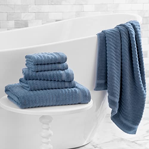 Martha Stewart Textured Cotton Bath Towels Set - 6 Piece | 2 Bath Towels - 2 Hand Towels - 2 Washcloths | Quick Dry Bathroom Towels | Bathroom Essentials | Absorbent | Toallas | Blue #TOP5