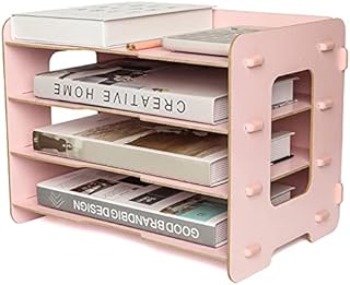 EXERZ Wooden File Organiser 4 Tiers for Desk Tidy, Office Supplies, Document Holder, Student Homework, School Work, Notebook, Letters and Magazine Storage, Stationary (Light Pink)