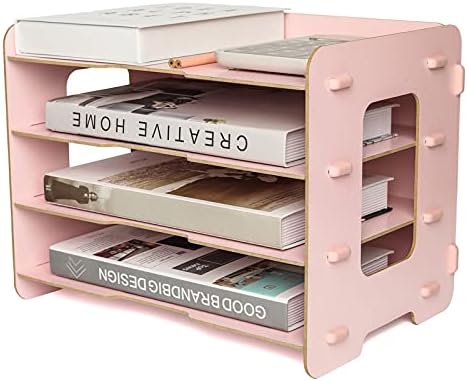 EXERZ Wooden File Organiser 4 Tiers for Desk Tidy, Office Supplies, Document Holder, Student Homework, School Work, Notebook, Letters and Magazine Storage, Stationary (Light Pink)