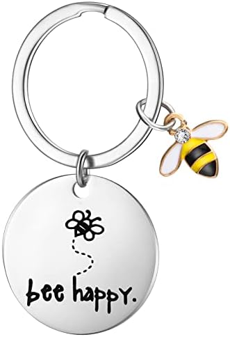 Bee Keyring for Women Inspirational Quota Key Chain Bee Happy Silver Key Ring Cute Charm Car Handbag Hanging for Women Daughter Christmas Colleague Friends Graduation Birthday Gift