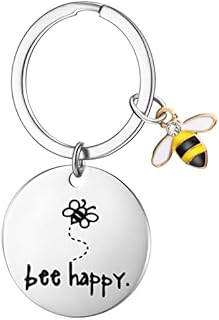Bee Keyring for Women Inspirational Quota Key Chain Bee Happy Silver Key Ring Cute Charm Car Handbag Hanging for Women Daughter Christmas Colleague Friends Graduation Birthday Gift