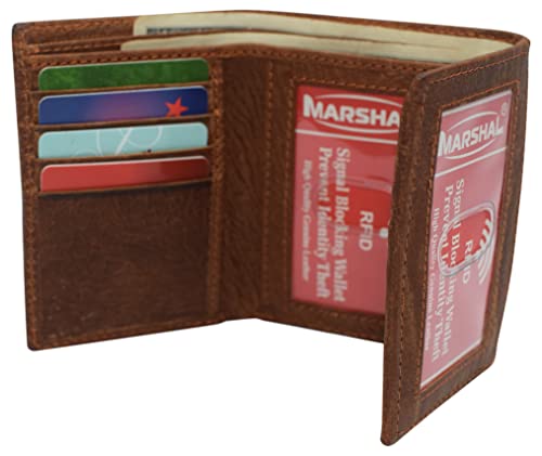 MARSHAL Marijuana Leaf Men's Real Leather RFID Blocking Trifold Wallet with Outside ID Window4