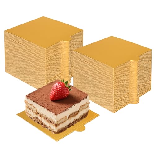 Mini Square Cake Boards 100Pcs, 3.5 x 3.3 Inch Gold Cake Boards, Mousse Cupcake Base Paper Plates Circle for Cake Dessert
