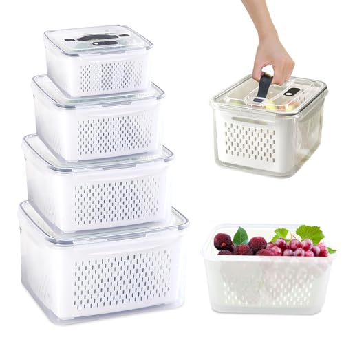 YapitHome 4 Piezas Contenedores Apilables para Vegetales con Cestas de Drenaje Recipientes con Tapa Organizadores Nevera para Verduras Frutas Ensalada Queso,Blanco