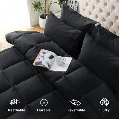 JOLLYVOGUE Full Comforter Set, Ultra-Soft Bed in a Bag Full Size 7 Pieces, Oeko-TEX Certified Bedding Set with Down Alternative Comforter, Sheets, Pillowcases & Shams, Black by JOLLYVOGUE - Used condition - Image 2