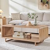 IFGET 48' Modern Coffee Table, 2-Tier Minimalist Center Table with Storage Shelf, Curved Profile Design, Wooden Rectangular Living Room Table w/Wood Thick Design for Living Room, Office, Natural Oak