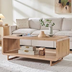 IFGET 48″ Modern Coffee Table, 2-Tier Minimalist Center Table with Storage Shelf, Curved Profile Design, Wooden Rectangular Living Room Table w/Wood Thick Design for Living Room, Office, Natural Oak