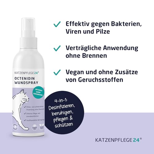 KATZENPFLEGE24 Octenidin Wundspray Katze - Desinfiziert, beruhigt, pflegt & schützt Wunden Aller Art ohne zu Brennen - 125ml mit bewährten Wirkstoffen - Effektive Pflege & Wunddesinfektion Katze