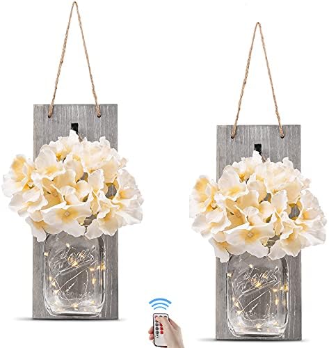 Gbtroo Rustic Wall Sconces - Mason Jars Sconce, Rustic Home Decor,Wrought Iron Hooks, Silk Hydrangea and LED Strip Lights Design 6 Hour Timer Home Decoration (Set of 2)