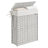 SONGMICS Slim Laundry Basket, 55L Synthetic Rattan Storage Basket with Lid and Handles, Wicker, Foldable, Removable Liners, for Blankets, Clothes, Laundry Room, Cloud White LCB164W01