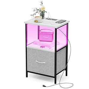 Innerjoin Nightstand with Charging Station USB A&C Ports, LED Side Table with Drawer, End Table for Bedroom, White