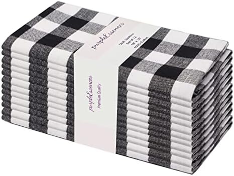PurpleEssences Cloth Dinner Napkins Buffalo Check Gingham Plaid - 18 X 18 Set of 12-100% Cotton-Soft Durable- Ideal for Events Wedding Christmas Easter - Perfect Everyday Use Table Linen- Black White