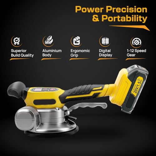 Image of TOMAHAWK TLM-2450 Cordless Tile Vibrator with Suction Cup | 135mm Vacuum Base | 6 Speed Levels | 50kg Vertical Load | 600X600mm Tile Support | Dual 20V 3Ah Battery (Yellow)
