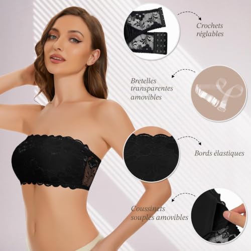 WOWENY Soutien-Gorge sans Bretelles Bandeau Soutien-Gorge Femme Dentelle Sangle Transparente Amovible sans Armature Noir S – vue 2