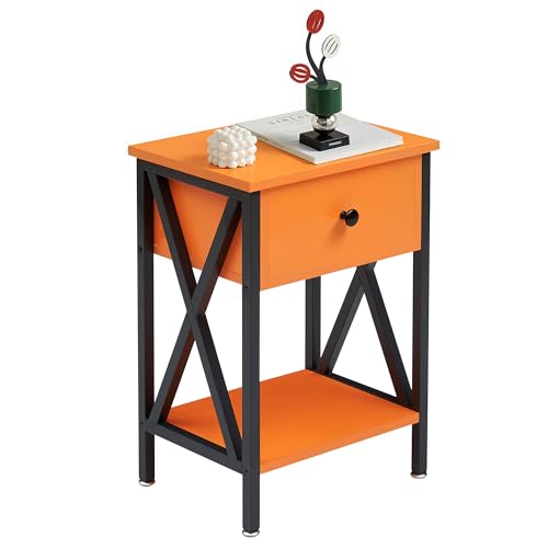 Image of VECELO Nightstand,Modern Bedside End Table, Night Stand with Drawer and Storage Shelf for Living Room Bedroom, Industrial Metal Frame